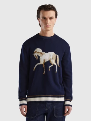 Benetton, Sweater With Horse Inlay, size M, Dark Blue, Men United Colors of Benetton