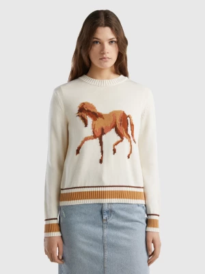 Benetton, Sweater With Horse Inlay, size S, Creamy White, Women United Colors of Benetton