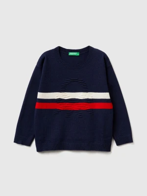 Benetton, Sweater With Logo In Wool Blend, Size: 110, Dark Blue, Kids United Colors of Benetton