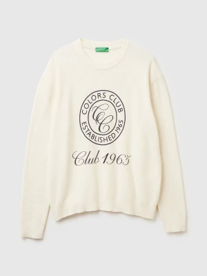 Benetton, Sweater With Logo Print, Size: XS, Creamy White, Men United Colors of Benetton