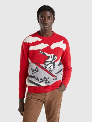 Benetton, Sweater With Ski Graphic, size XS, Red, Men United Colors of Benetton