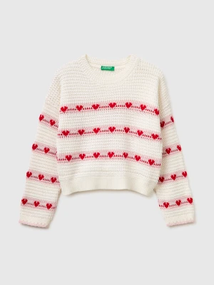 Benetton, Sweater With Stripes And Hearts, Size: XL, Creamy White, Kids United Colors of Benetton