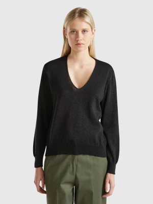 Benetton, Sweater With V-neck And Lurex, size L, Black, Women United Colors of Benetton