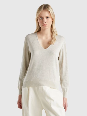 Benetton, Sweater With V-neck And Lurex, size L, Creamy White, Women United Colors of Benetton