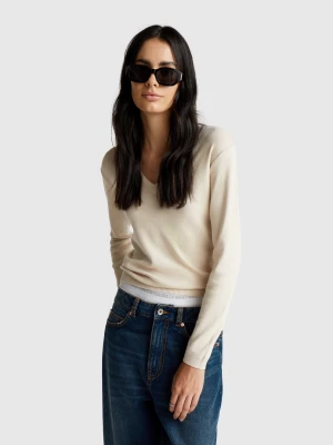Benetton, Sweater With V-neck In Pure Cotton, size XXS, Beige, Women United Colors of Benetton