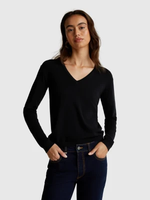 Benetton, Sweater With V-neck In Pure Cotton, size XXS, Black, Women United Colors of Benetton