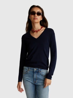 Benetton, Sweater With V-neck In Pure Cotton, Size: XXS, Dark Blue, Women United Colors of Benetton