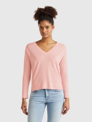 Benetton, Sweater With V-neck In Pure Merino Wool, size XS, Pink, Women United Colors of Benetton