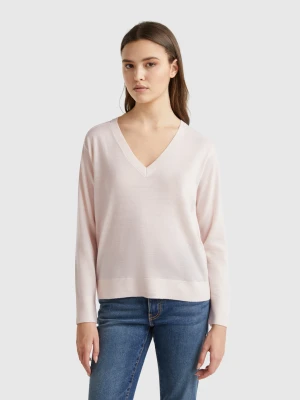 Benetton, Sweater With V-neck In Pure Merino Wool, size XS, Soft Pink, Women United Colors of Benetton