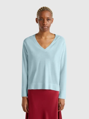 Benetton, Sweater With V-neck In Pure Merino Wool, size XS, Aqua, Women United Colors of Benetton