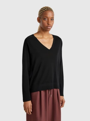 Benetton, Sweater With V-neck In Pure Merino Wool, size XXS, Black, Women United Colors of Benetton
