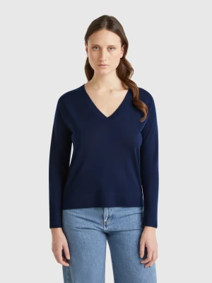 Benetton, Sweater With V-neck In Pure Merino Wool, size XXS, Dark Blue, Women United Colors of Benetton