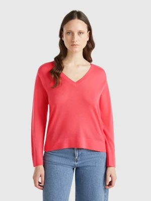 Benetton, Sweater With V-neck In Pure Merino Wool, Size: XS, Fuchsia, Women United Colors of Benetton