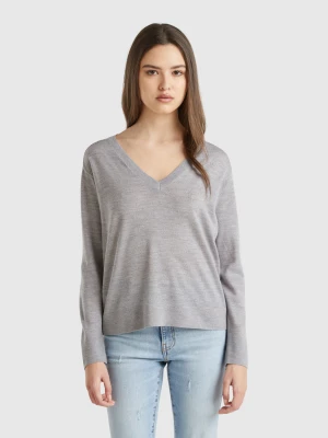 Benetton, Sweater With V-neck In Pure Merino Wool, size XXS, Light Gray, Women United Colors of Benetton
