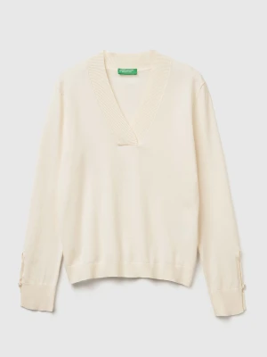Benetton, Sweater With V-neck, Size: XXS, Creamy White, Women United Colors of Benetton