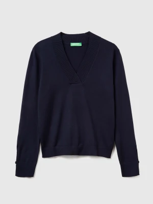 Benetton, Sweater With V-neck, Size: XXS, Dark Blue, Women United Colors of Benetton