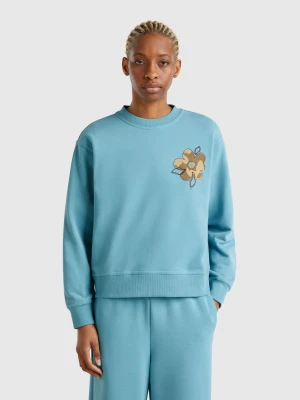 Benetton, Sweatshirt With Floral Embroidery, size XS, Light Blue, Women United Colors of Benetton