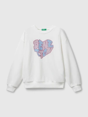Benetton, Sweatshirt With Glittery Logo Print, Size: 3XL, Creamy White, Kids United Colors of Benetton