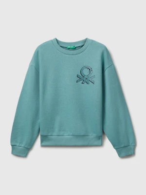 Benetton, Sweatshirt With Glittery Logo Print, Size: S, Sky Blue, Kids United Colors of Benetton