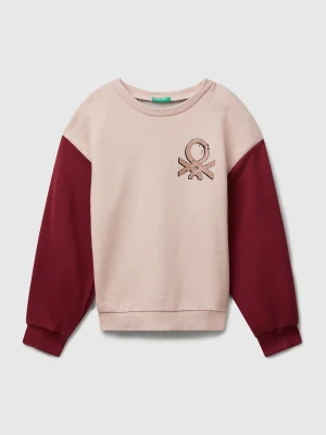 Benetton, Sweatshirt With Glittery Logo Print, size XL, Creamy White, Kids United Colors of Benetton
