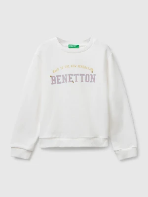 Benetton, Sweatshirt With Glittery Print, Size: 104, Creamy White, Kids United Colors of Benetton