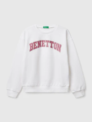 Benetton, Sweatshirt With Glittery Print, size XL, White, Kids United Colors of Benetton