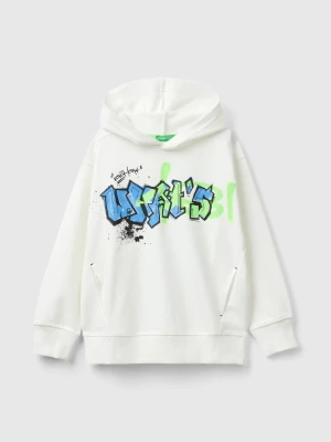 Benetton, Sweatshirt With Graffiti Print, size S, Creamy White, Kids United Colors of Benetton