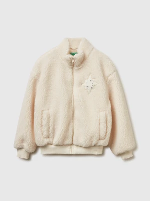 Benetton, Sweatshirt With High Neck In Faux Fur, Size: XL, Creamy White, Kids United Colors of Benetton