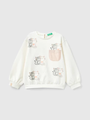 Benetton, Sweatshirt With Kitten Print, size 82, Creamy White, Kids United Colors of Benetton