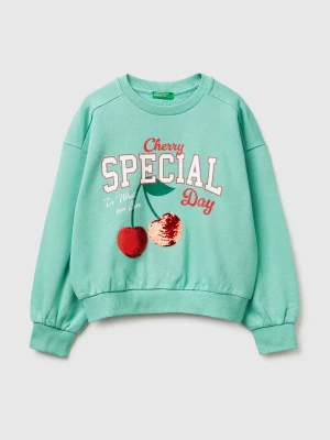 Benetton, Sweatshirt With Print And Sequins, Size: XL, Aqua, Kids United Colors of Benetton