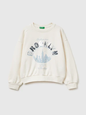 Benetton, Sweatshirt With Print And Sequins, Size: XL, Creamy White, Kids United Colors of Benetton