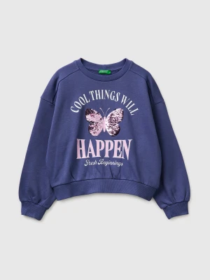 Benetton, Sweatshirt With Print And Sequins, Size: XL, Violet, Kids United Colors of Benetton