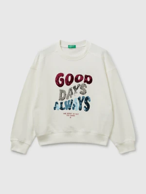 Benetton, Sweatshirt With Sequins, size XL, Creamy White, Kids United Colors of Benetton