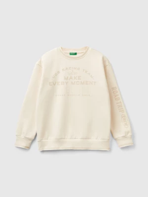 Benetton, Sweatshirt With Velvet Effect Print, size M, Creamy White, Kids United Colors of Benetton