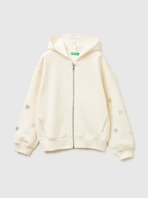 Benetton, Sweatshirt With Zip And Rhinestones, Size: XL, Creamy White, Kids United Colors of Benetton