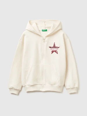 Benetton, Sweatshirt With Zip And Sequins, Size: 2XL, Creamy White, Kids United Colors of Benetton