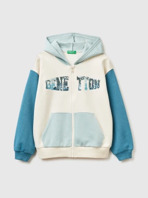 Benetton, Sweatshirt With Zip And Sequins, Size: XL, Creamy White, Kids United Colors of Benetton