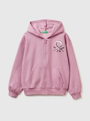 Benetton, Sweatshirt With Zip And Sequins, Size: XL, Pink, Kids United Colors of Benetton