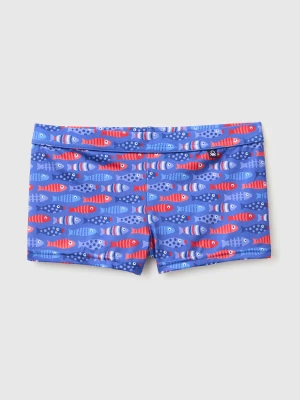 Benetton, Swim Boxer Shorts With Fish Print, Size: XS, Bright Blue, Kids United Colors of Benetton