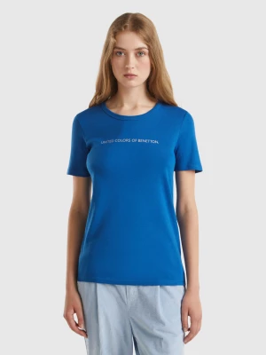 Benetton, T-shirt In 100% Cotton With Glitter Print Logo, size L, Air Force Blue, Women United Colors of Benetton