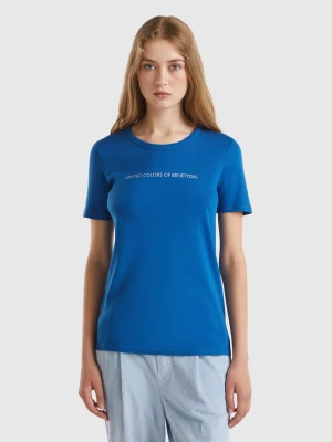 Benetton, T-shirt In 100% Cotton With Glitter Print Logo, size L, Air Force Blue, Women United Colors of Benetton