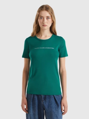 Benetton, T-shirt In 100% Cotton With Glitter Print Logo, size L, Dark Green, Women United Colors of Benetton