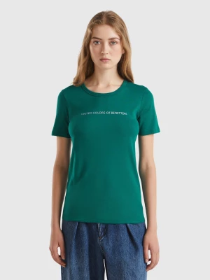 Benetton, T-shirt In 100% Cotton With Glitter Print Logo, size L, Dark Green, Women United Colors of Benetton