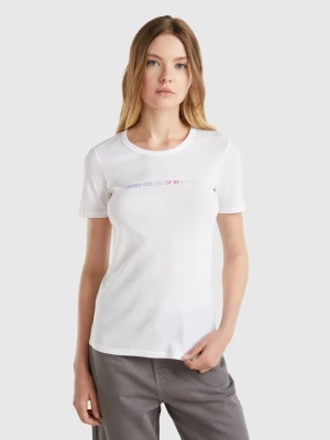 Benetton, T-shirt In 100% Cotton With Glitter Print Logo, size L, White, Women United Colors of Benetton