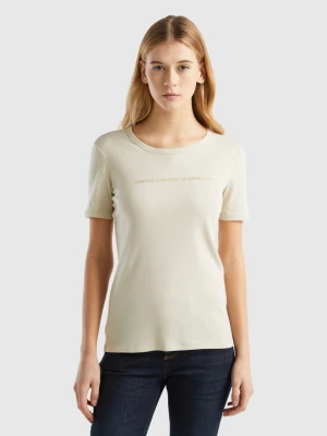 Benetton, T-shirt In 100% Cotton With Glitter Print Logo, size M, Beige, Women United Colors of Benetton