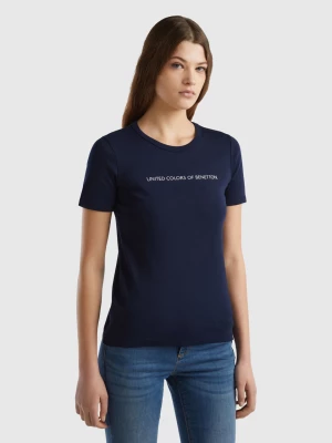 Benetton, T-shirt In 100% Cotton With Glitter Print Logo, size M, Dark Blue, Women United Colors of Benetton