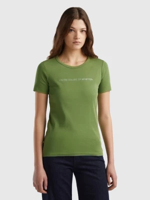 Benetton, T-shirt In 100% Cotton With Glitter Print Logo, size S, Military Green, Women United Colors of Benetton