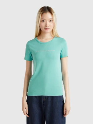Benetton, T-shirt In 100% Cotton With Glitter Print Logo, size XXS, Aqua, Women United Colors of Benetton