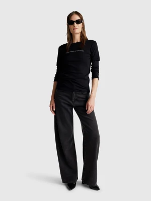 Benetton, T-shirt In 100% Cotton With Glitter Print Logo, Size: XXS, Black, Women United Colors of Benetton