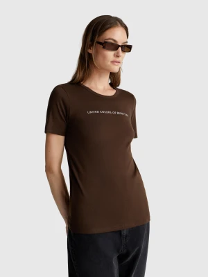 Benetton, T-shirt In 100% Cotton With Glitter Print Logo, Size: XXS, Brown, Women United Colors of Benetton
